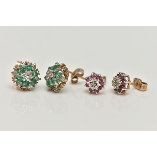 92 - TWO PAIRS OF GEM SET EARRINGS, the first a pair of 9ct gold ruby and diamond cluster stud earrings, ... 