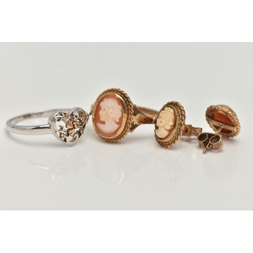 93 - A 9CT GOLD CAMEO RING AND EARRINGS, AND A SILVER CLOGAU RING, a yellow gold and shell cameo ring, ha... 