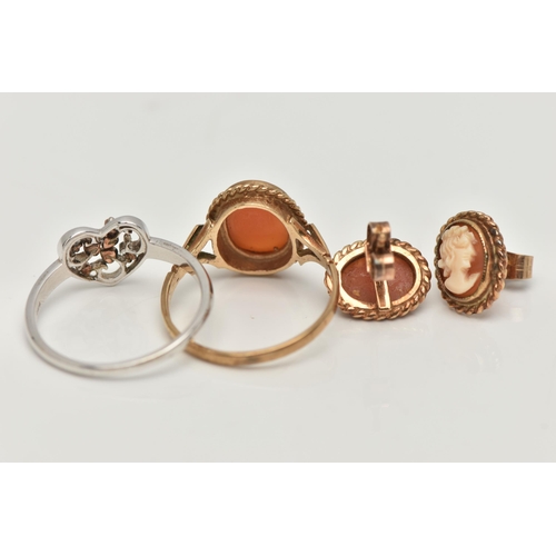 93 - A 9CT GOLD CAMEO RING AND EARRINGS, AND A SILVER CLOGAU RING, a yellow gold and shell cameo ring, ha... 