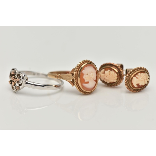 93 - A 9CT GOLD CAMEO RING AND EARRINGS, AND A SILVER CLOGAU RING, a yellow gold and shell cameo ring, ha... 