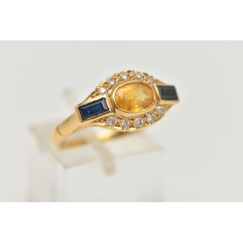 95 - A SAPHIRE AND DIAMOND DRESS RING, a principally set oval cut yellow sapphire, set with blue baguette... 