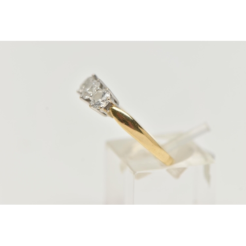 96 - AN 18CT GOLD DIAMOND THREE STONE RING, three round brilliant cut diamonds, each claw set in a white ... 