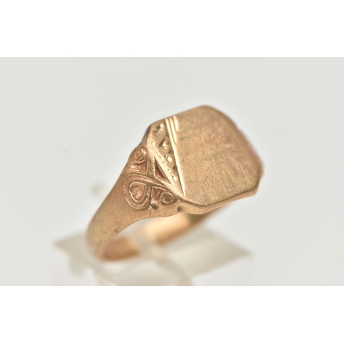 97 - A GENTS 9CT GOLD SIGNET RING, of a polished square form, scroll detail to the shoulders, leading on ... 