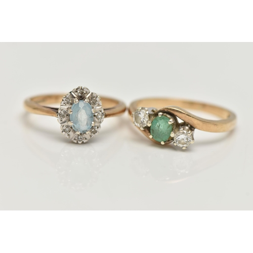 99 - TWO 9CT GOLD GEM SET RINGS, the first an oval cluster, set with an oval cut aquamarine, eight claw s... 