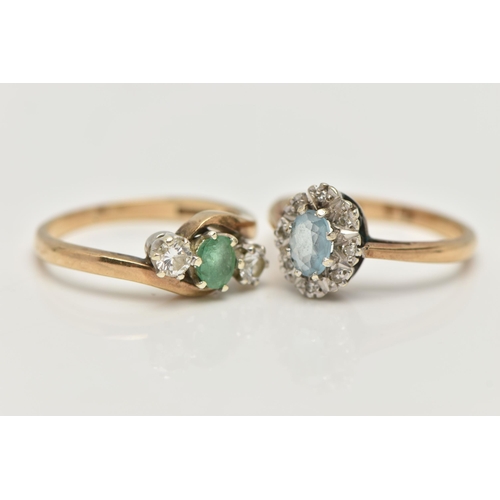 99 - TWO 9CT GOLD GEM SET RINGS, the first an oval cluster, set with an oval cut aquamarine, eight claw s... 