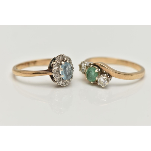 99 - TWO 9CT GOLD GEM SET RINGS, the first an oval cluster, set with an oval cut aquamarine, eight claw s... 