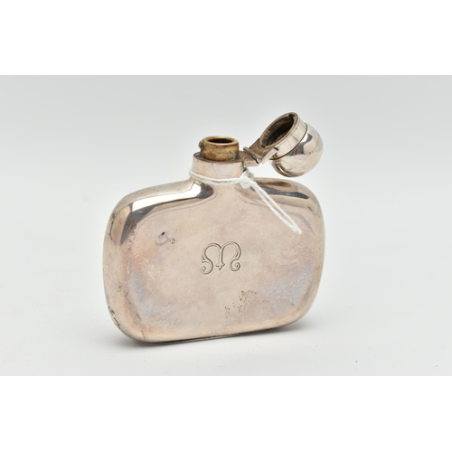 125 - A SILVER HIP FLASK, polished form with engraved initial M, fitted with a domed twist to open hinged ... 