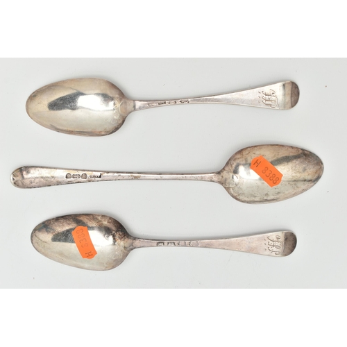 126 - THREE SILVER SPOONS, to include an old English pattern table spoon, hallmarked London 1784, markers ... 