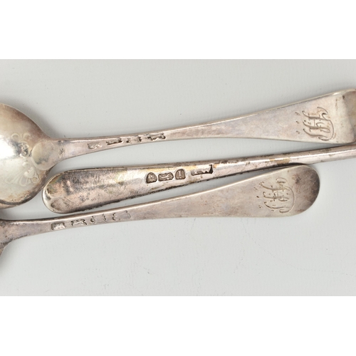 126 - THREE SILVER SPOONS, to include an old English pattern table spoon, hallmarked London 1784, markers ... 