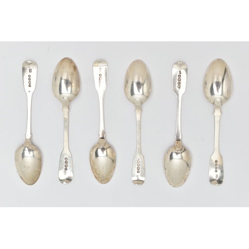 127 - SIX SILVER FIDDLE PATTERN TEASPOONS, one with a hallmark for Edinburgh, others hallmarked London, ap... 