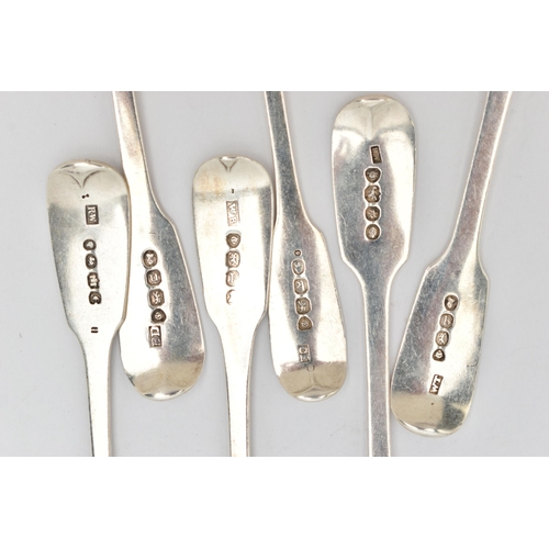 127 - SIX SILVER FIDDLE PATTERN TEASPOONS, one with a hallmark for Edinburgh, others hallmarked London, ap... 