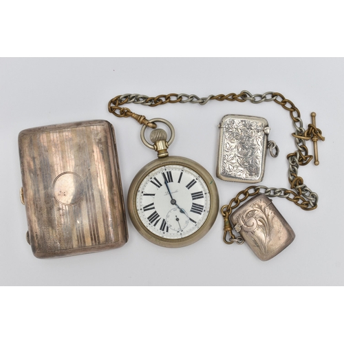 129 - A SILVER CIGARETTE CASE, TWO VESTA CASES AND A POCKET WATCH, the rectangular engine turned pattern c... 