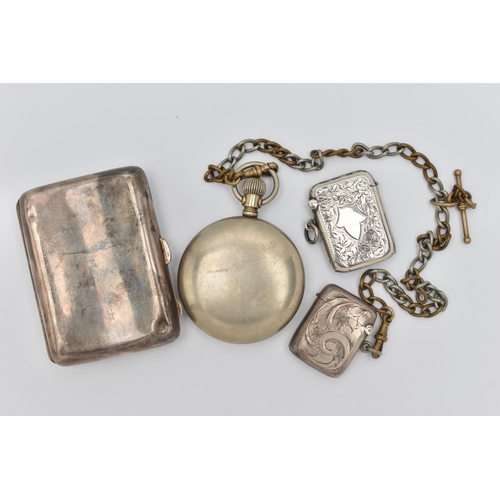 129 - A SILVER CIGARETTE CASE, TWO VESTA CASES AND A POCKET WATCH, the rectangular engine turned pattern c... 