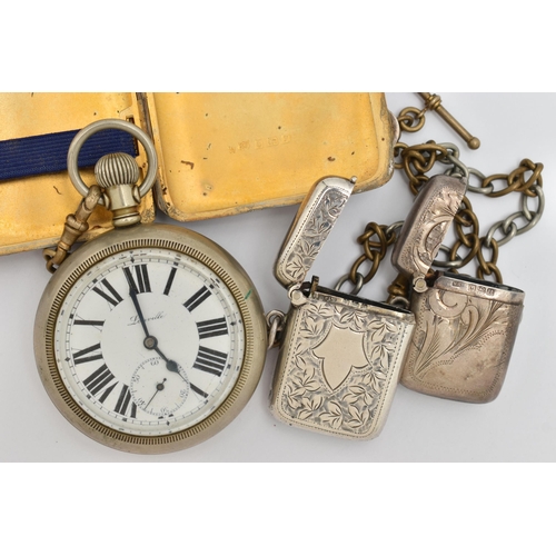 129 - A SILVER CIGARETTE CASE, TWO VESTA CASES AND A POCKET WATCH, the rectangular engine turned pattern c... 