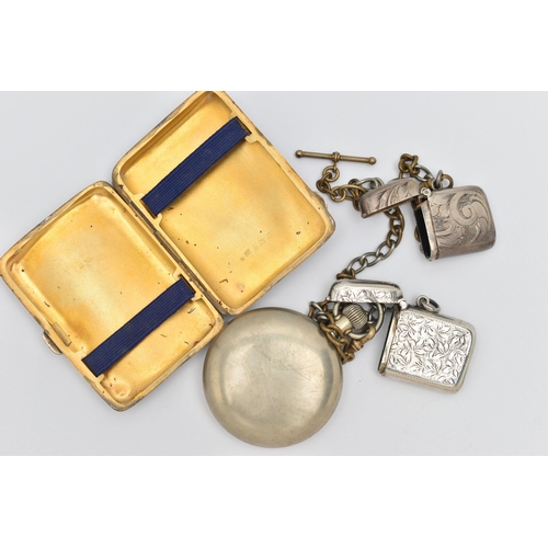 129 - A SILVER CIGARETTE CASE, TWO VESTA CASES AND A POCKET WATCH, the rectangular engine turned pattern c... 