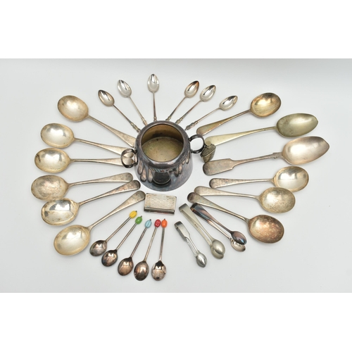 135 - A SELECTION OF MAINLY EPNS, to include three pairs of sugar tongs, a set of five coffee spoons each ... 