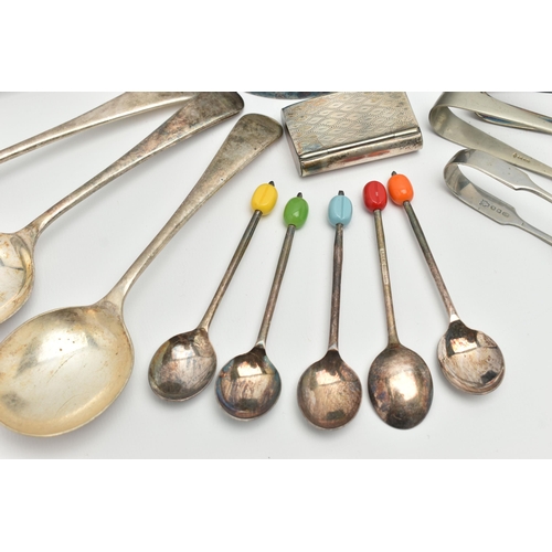 135 - A SELECTION OF MAINLY EPNS, to include three pairs of sugar tongs, a set of five coffee spoons each ... 