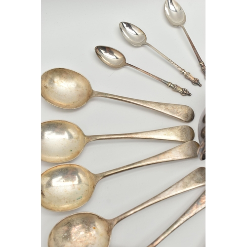 135 - A SELECTION OF MAINLY EPNS, to include three pairs of sugar tongs, a set of five coffee spoons each ... 