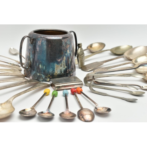 135 - A SELECTION OF MAINLY EPNS, to include three pairs of sugar tongs, a set of five coffee spoons each ... 