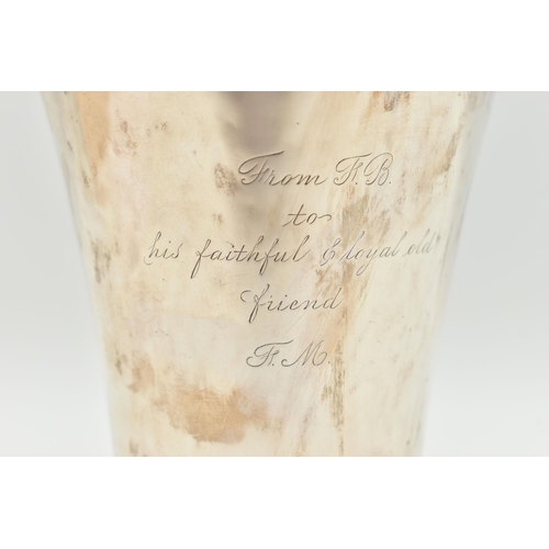 139 - AN EARLY 20TH CENTURY SILVER VASE, hammer effect, personal engraving reads 'From F.B to his faithful... 