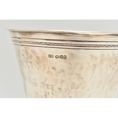 139 - AN EARLY 20TH CENTURY SILVER VASE, hammer effect, personal engraving reads 'From F.B to his faithful... 