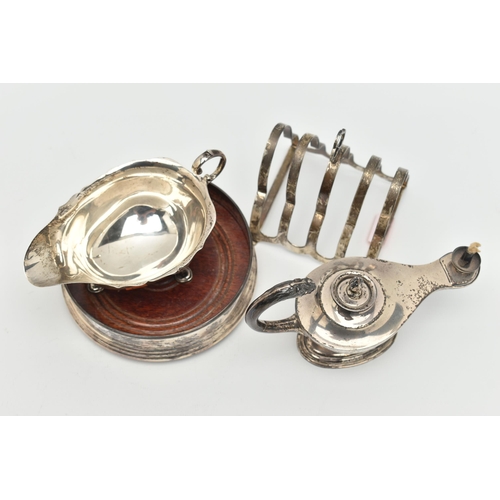 142 - FOUR PIECES OF SILVER, to include a toast rack, hallmarked 'Bishton's Ltd' Birmingham 1947, a small ... 