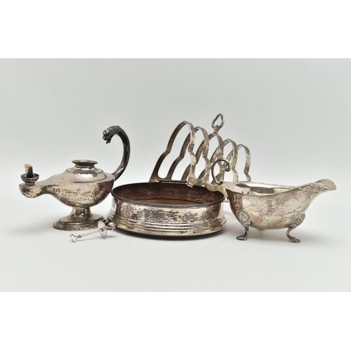 142 - FOUR PIECES OF SILVER, to include a toast rack, hallmarked 'Bishton's Ltd' Birmingham 1947, a small ... 