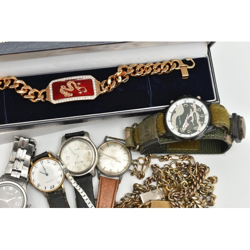 143 - A BOX OF ASSORTED WATCHES AND COSTUME JEWELLERY, to include seven watches, names to include Accurist... 