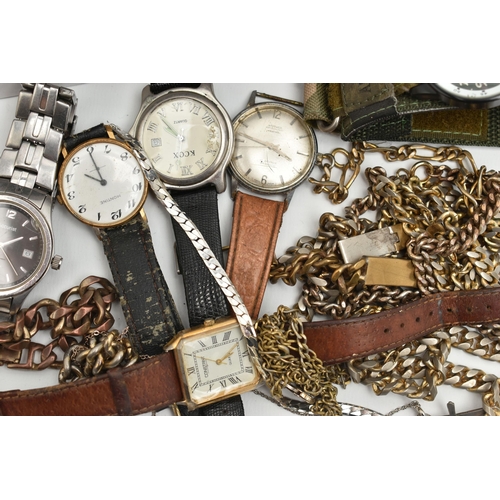 143 - A BOX OF ASSORTED WATCHES AND COSTUME JEWELLERY, to include seven watches, names to include Accurist... 