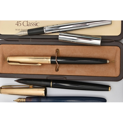 145 - ASSORTED PENS, to include a Parker Junior Duo Fold, fitted with a 14k nib, a Parker Slim Fold fitted... 