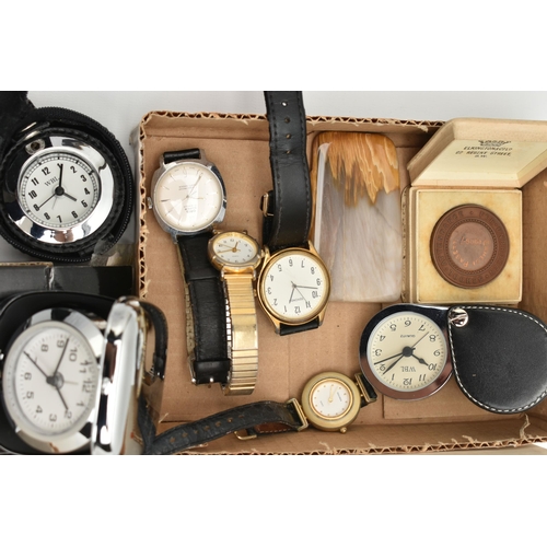 146 - A BOX OF ASSORTED ITEMS, to include various travel clocks, pin badges, costume earrings, chains, sma... 