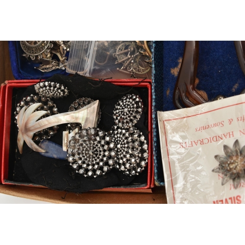 148 - A BOX OF ASSORTED ITEMS, to include a white metal Bohemian garnet oval cluster, missing fittings to ... 