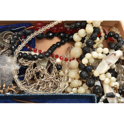 148 - A BOX OF ASSORTED ITEMS, to include a white metal Bohemian garnet oval cluster, missing fittings to ... 