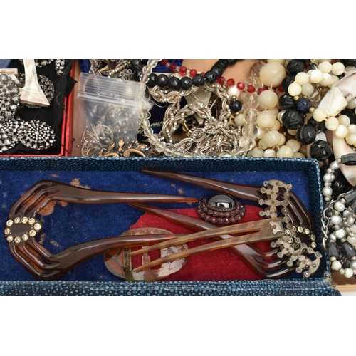 148 - A BOX OF ASSORTED ITEMS, to include a white metal Bohemian garnet oval cluster, missing fittings to ... 