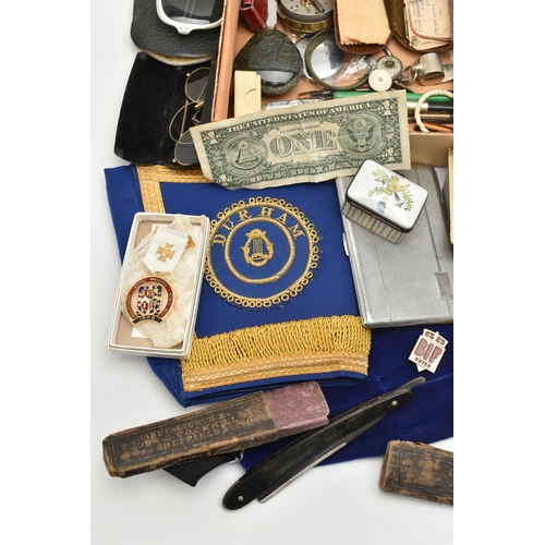 150 - A BOX OF ASSORTED ITEMS, to include an AF silver open face pocket watch, key wound, hallmarked 'LP' ... 