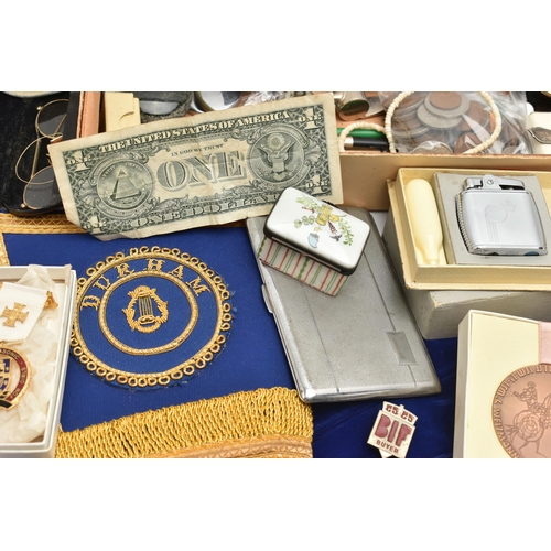 150 - A BOX OF ASSORTED ITEMS, to include an AF silver open face pocket watch, key wound, hallmarked 'LP' ... 