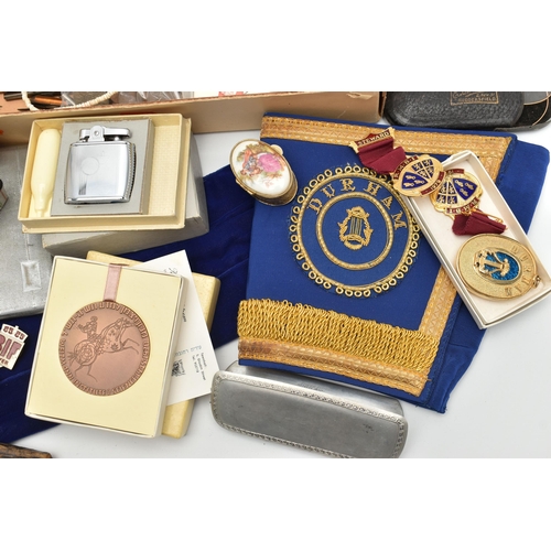 150 - A BOX OF ASSORTED ITEMS, to include an AF silver open face pocket watch, key wound, hallmarked 'LP' ... 