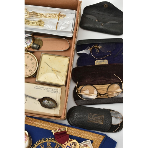 150 - A BOX OF ASSORTED ITEMS, to include an AF silver open face pocket watch, key wound, hallmarked 'LP' ... 