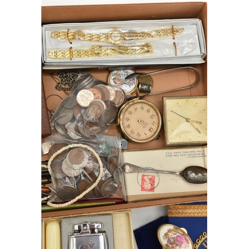 150 - A BOX OF ASSORTED ITEMS, to include an AF silver open face pocket watch, key wound, hallmarked 'LP' ... 