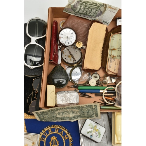 150 - A BOX OF ASSORTED ITEMS, to include an AF silver open face pocket watch, key wound, hallmarked 'LP' ... 