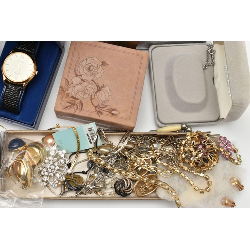 151 - A BOX OF ASSSORTED ITEMS, to include various pieces of costume jewellery such as chains, bracelets, ... 