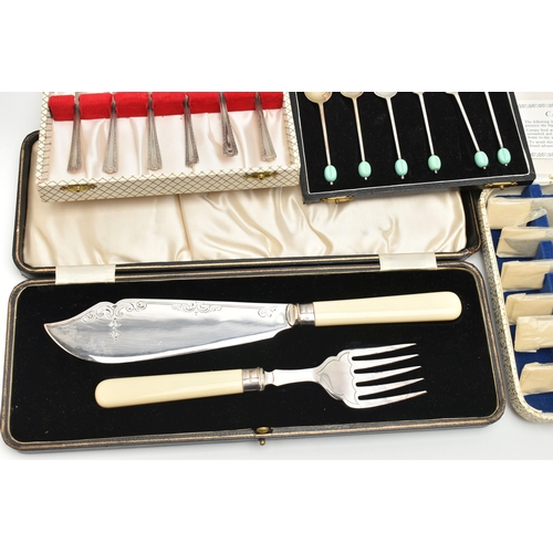 153 - A SELECTION OF MAINLY CUTLERY, to include a cased silver fish knife and fork server set, hallmark fo... 