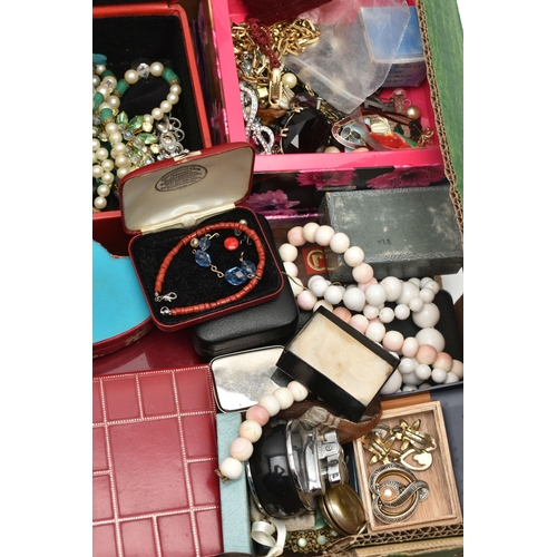 155 - A BOX OF ASSORTED ITEMS, to include various pieces of costume jewellery, beaded necklaces, earrings,... 