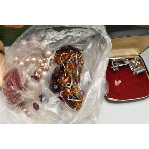 155 - A BOX OF ASSORTED ITEMS, to include various pieces of costume jewellery, beaded necklaces, earrings,... 