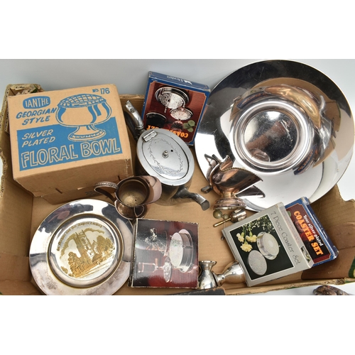 156 - A BOX OF ASSORTED WHITE METAL WARE, to include a cased set of fish eaters, a boxed rose bowl, teapot... 