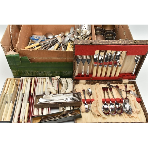 157 - A BOX OF ASSORTED WHITE METAL WARE, to include various boxed sets of cutlery to include butter knive... 