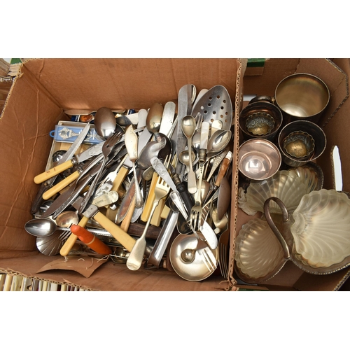 157 - A BOX OF ASSORTED WHITE METAL WARE, to include various boxed sets of cutlery to include butter knive... 