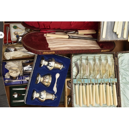 159 - TWO BOXES OF ASSORTED WHITE METAL WARE, to include a silver plate flower centre piece, two posy vase... 