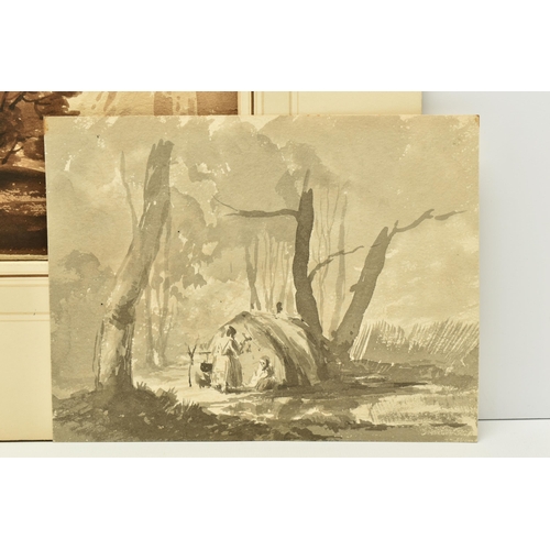 301 - TWO UNSIGNED 19TH CENTURY LANDSCAPE SKETCHES, the first depicts a landscape with trees and cliffs to... 