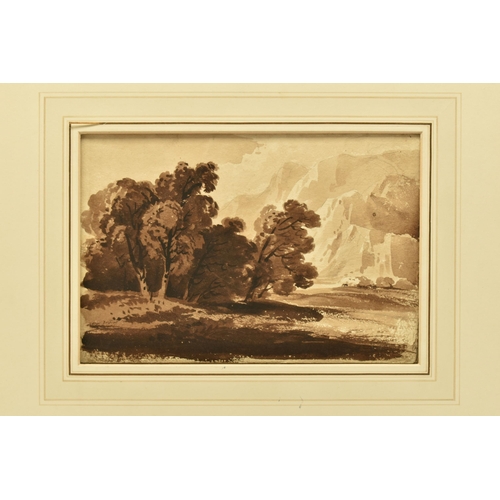 301 - TWO UNSIGNED 19TH CENTURY LANDSCAPE SKETCHES, the first depicts a landscape with trees and cliffs to... 